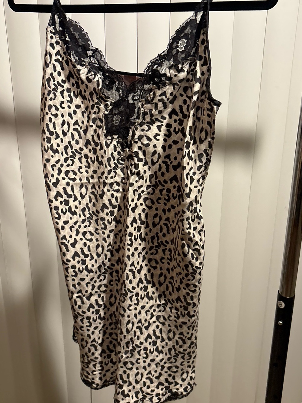 Victoria's Secret grayish silver Leopard Satin Slip with Black Lace